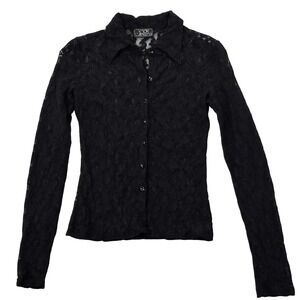 Y2K Eye Candy Womens Lace Blouse XS Blk Collared Long Sleeve Button Up Top